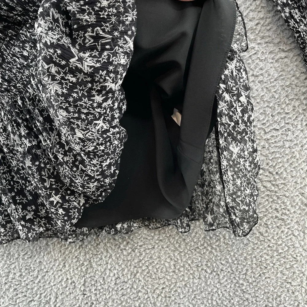 LoveShackFancy Dress XS Blk Scarlett Evening Star Print Smock Ruched Ruffle Mini - Picture 6 of 15